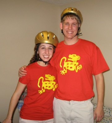 Joanna and Tyler dressed as the Red Jaguars from 'Legends of the Hidden Temple'